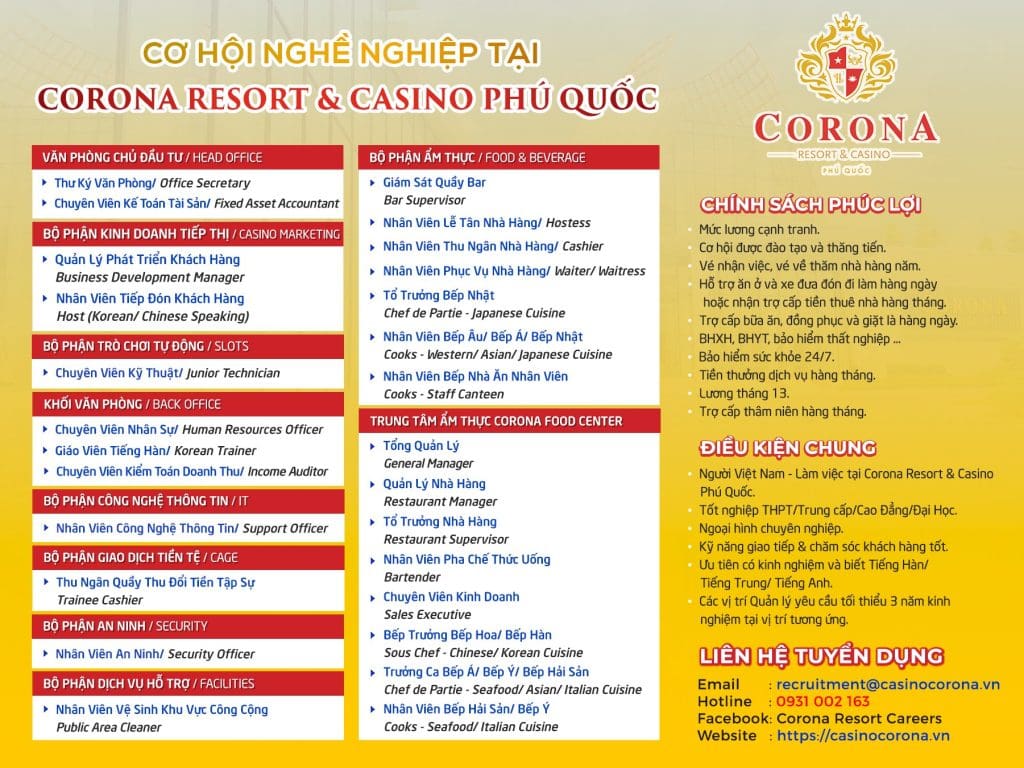 Các vị trí tuyển dụng tháng 6 Corona Resort